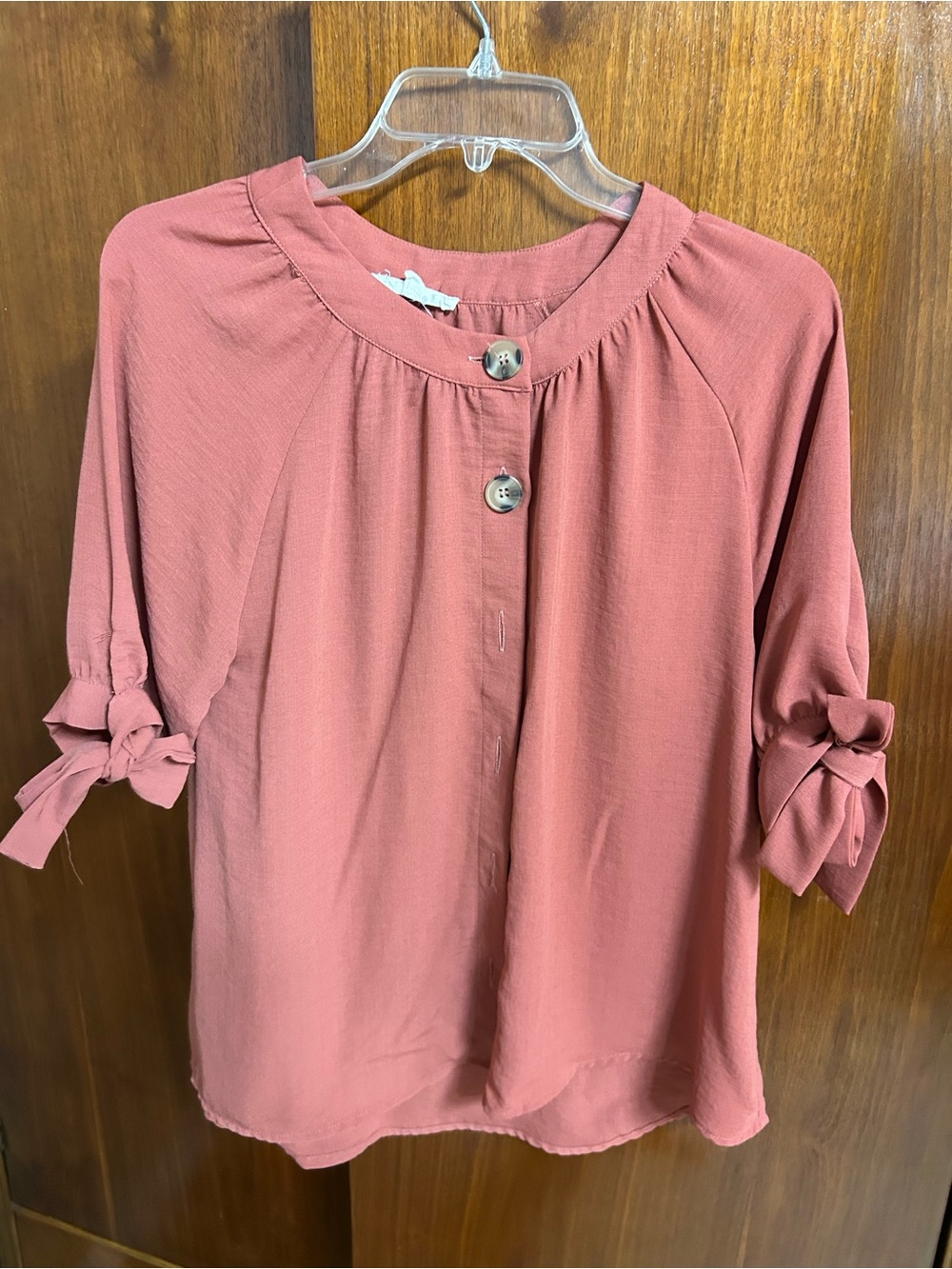 Women’s Coral Pink Tie-Sleeve Button Front Top